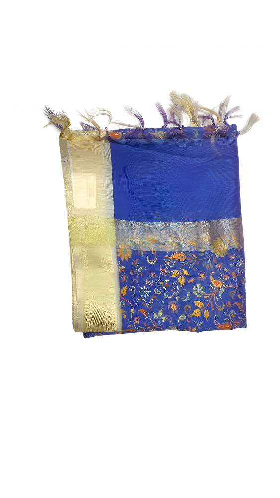 Navy Blue Chanderi Dupatta With All Over Print And Gold Zari Border. Sku 110737