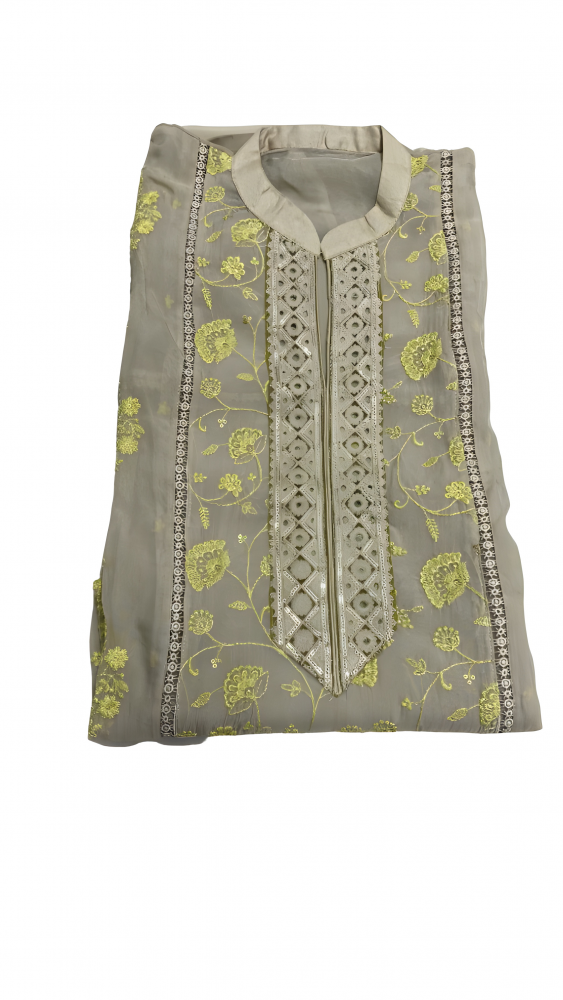 Beige Organza 3 Piece Embroidered Suit With Organza Dupatta. Sku 120676