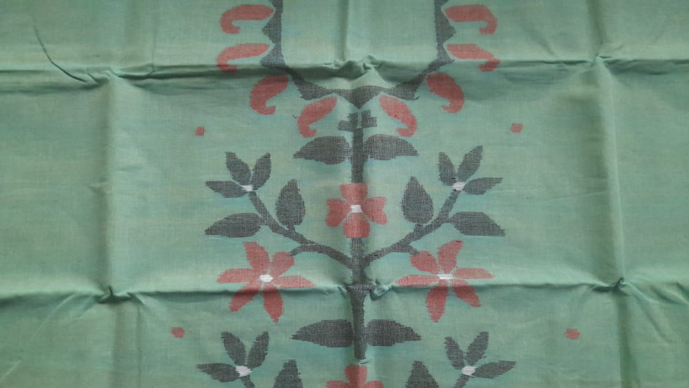 Green Jamdani Cotton Suit with Red Floral & Polka Dot Dupatta sku-118888