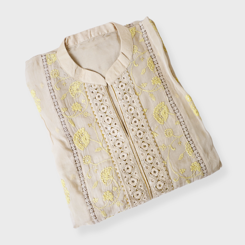Beige Organza Three Piece Embroidered Suit With Organza Dupatta. Sku 120676
