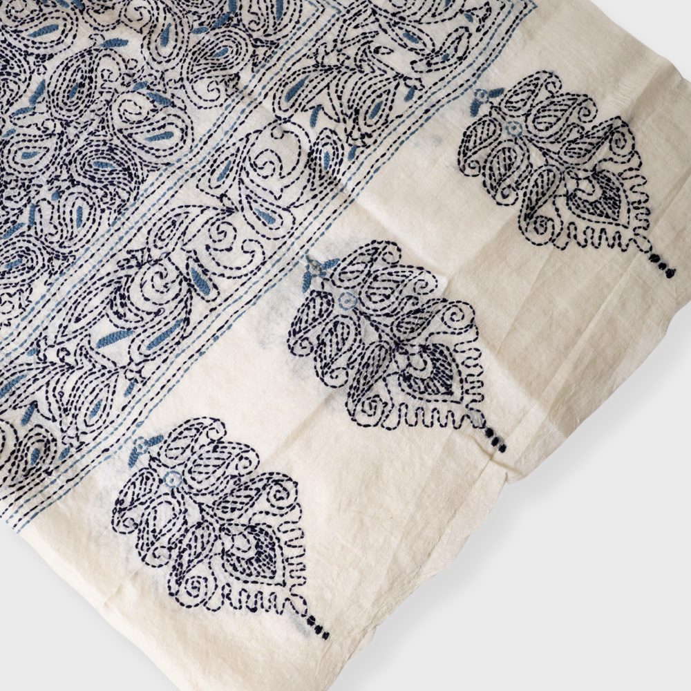 Off White Pure Tusser Dupatta With Grey Blue Katha Work. Sku 120213