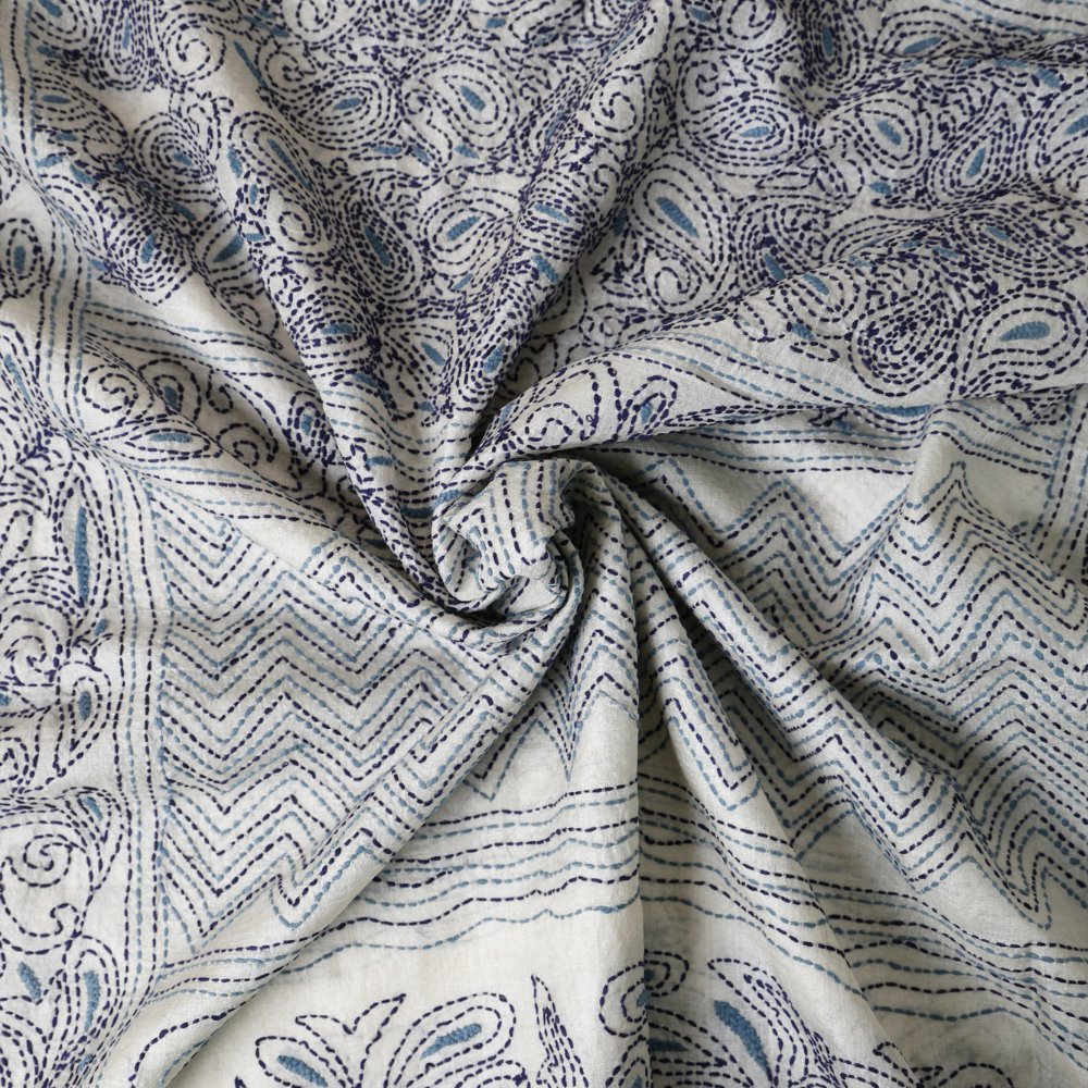 Off White Pure Tusser Dupatta With Grey Blue Katha Work. Sku 120213