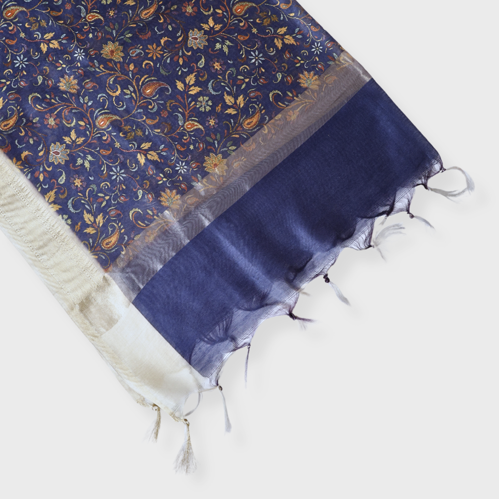 Navy Blue Chanderi Dupatta With All Over Print And Gold Zari Border. Sku 110737
