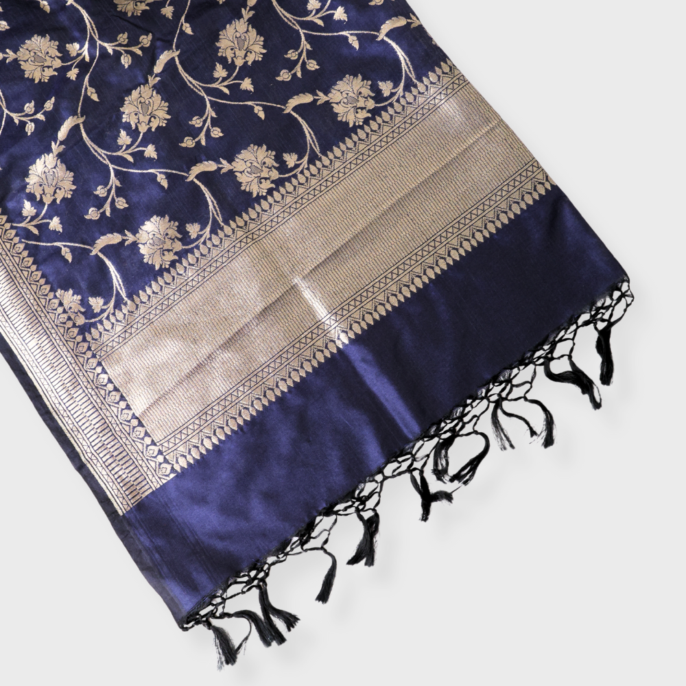 Navy Blue Silk Banarasi Dupatta. Sku 116933