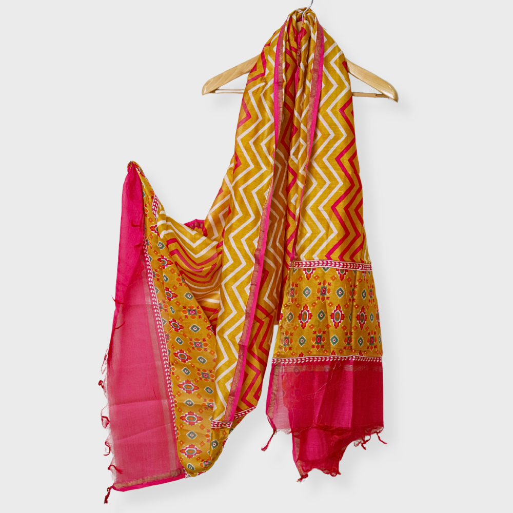 Yellow Chanderi Three Piece Printed Suit. Sku 118945