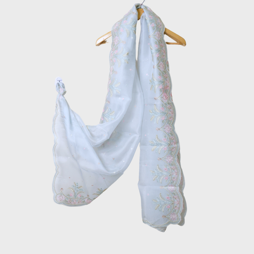 Sky Blue Organza Unstitched Suit with Embroidered Bird Daman & Organza Dupatta. Sku 120336