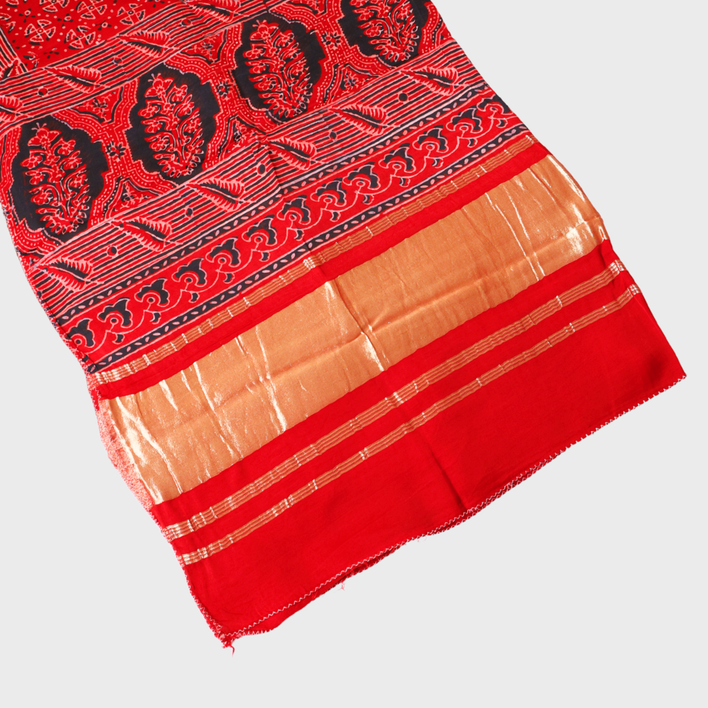 Red Gaji Ajrakh Dupatta With Lagdi Patta. Sku 121049