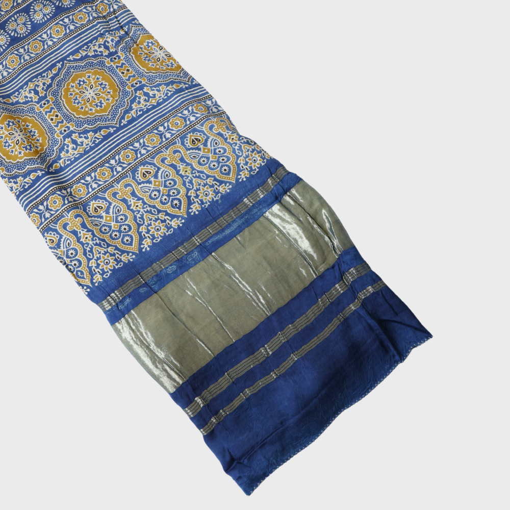 Mehandi Green Gaji Bandhni Dupatta With Blue Ajrakh Border Dupatta. Sku 115169
