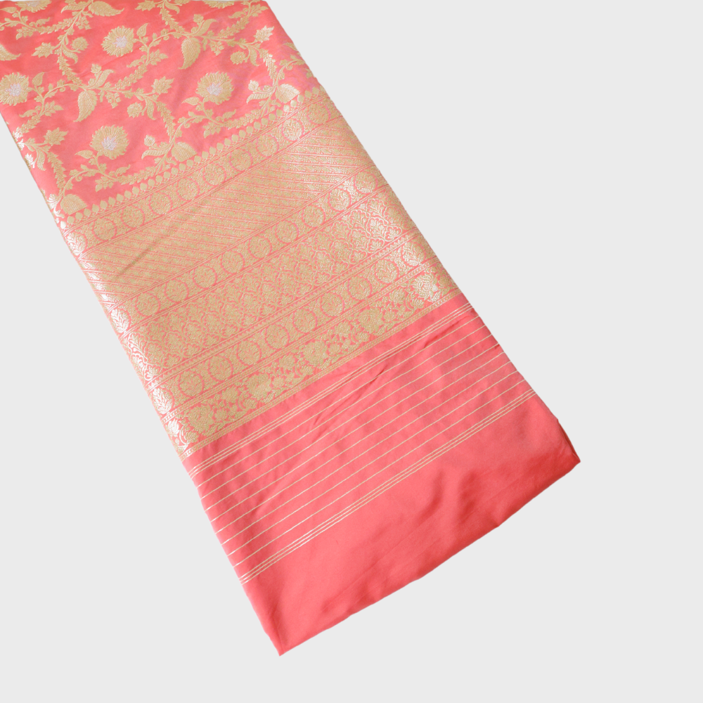 Peach Banarsi Silk Dupatta With Gold Jaal And Silver Meena . Sku 117005