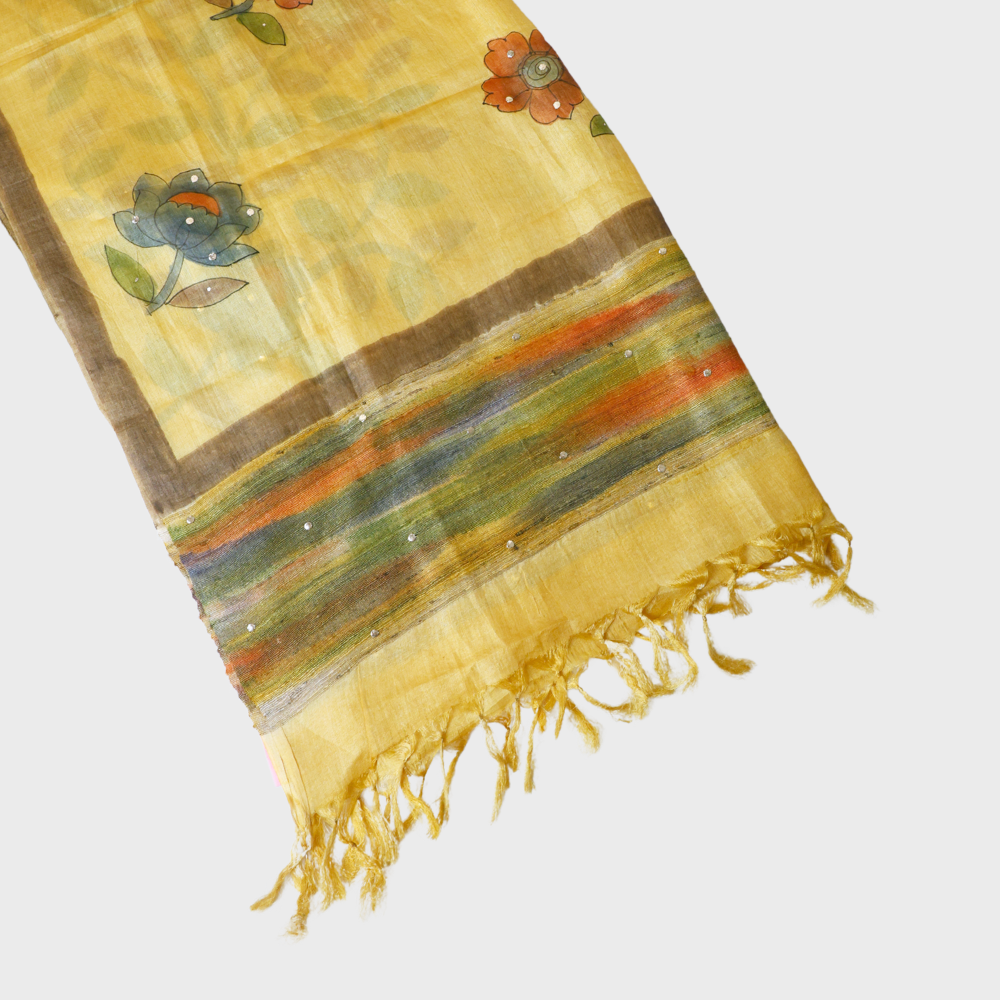 Golden Hand-Printed Tussar Dupatta. Sku 120217