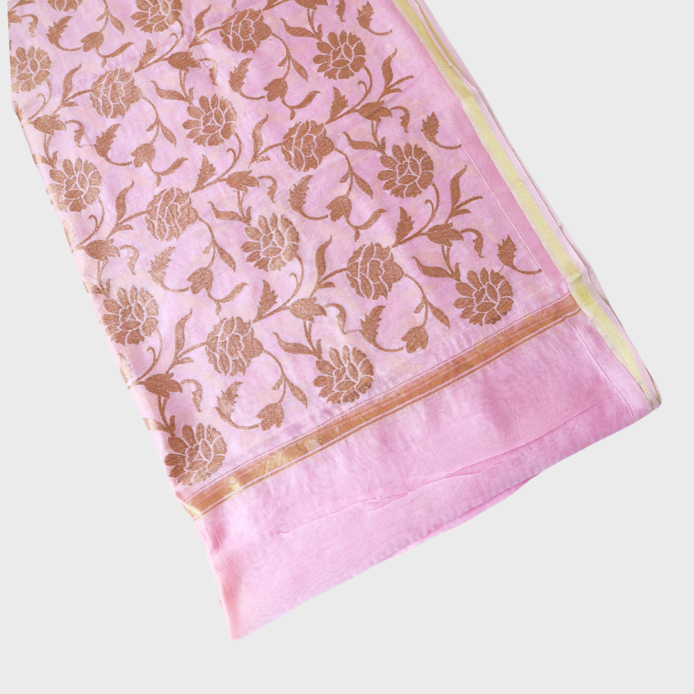 Pink Beige Double Shade Chanderi Dupatta With Resham Flower Jaal. Sku 108146
