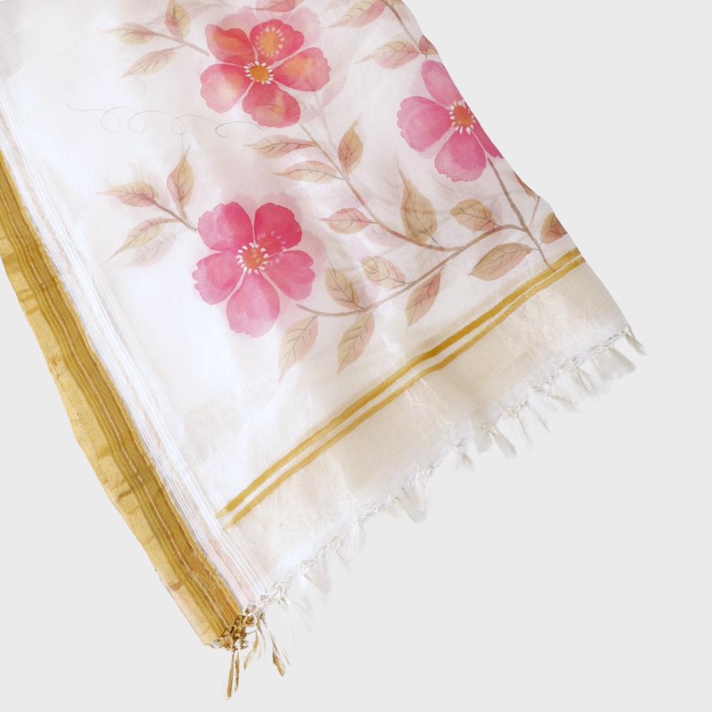 Off White Pure Organza Dupatta With Brush Painting. Sku 118128