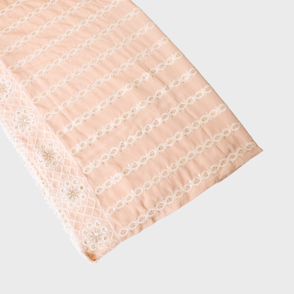Peachish Pink Crape Dupatta With Thread Embroidery. Sku 107911