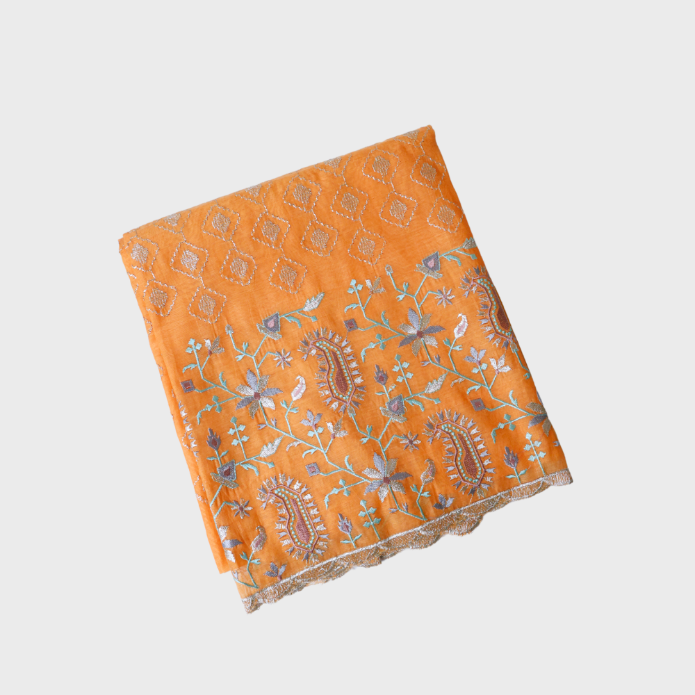 Orange Chanderi Three Peice Unstiched Suit With Front Embroidered Top and Embroidered Border Dupatta. Sku 120121