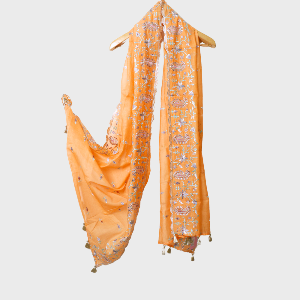 Orange Chanderi Three Peice Unstiched Suit With Front Embroidered Top and Embroidered Border Dupatta. Sku 120121