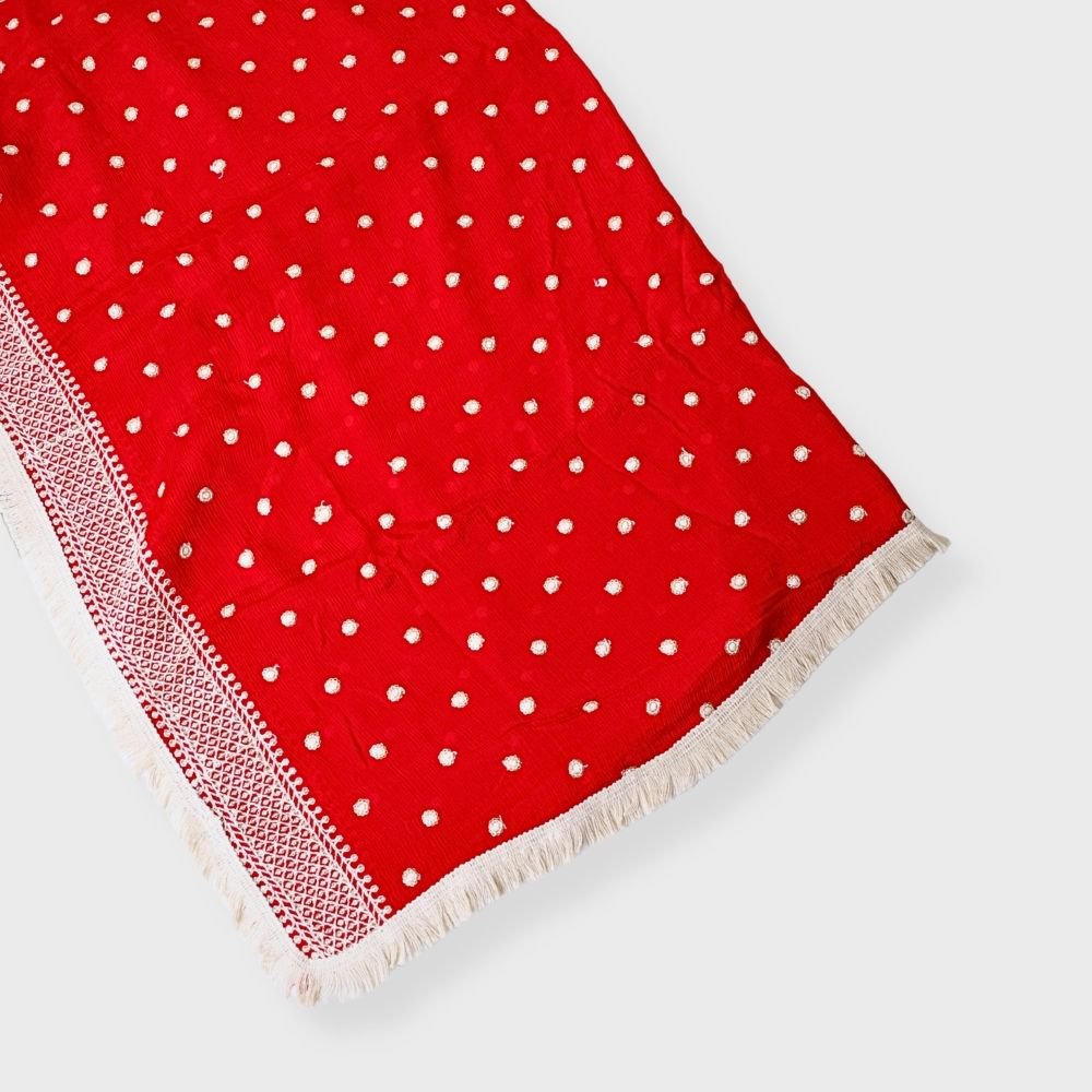 Red Crape Shiffon Dupatta With White Thread Buti And Jhallar Lace Border. Sku 115806