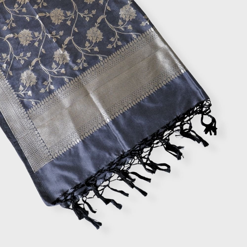 Grey Silk Banarsi Dupatta With Zari Jaal.Sku 116933