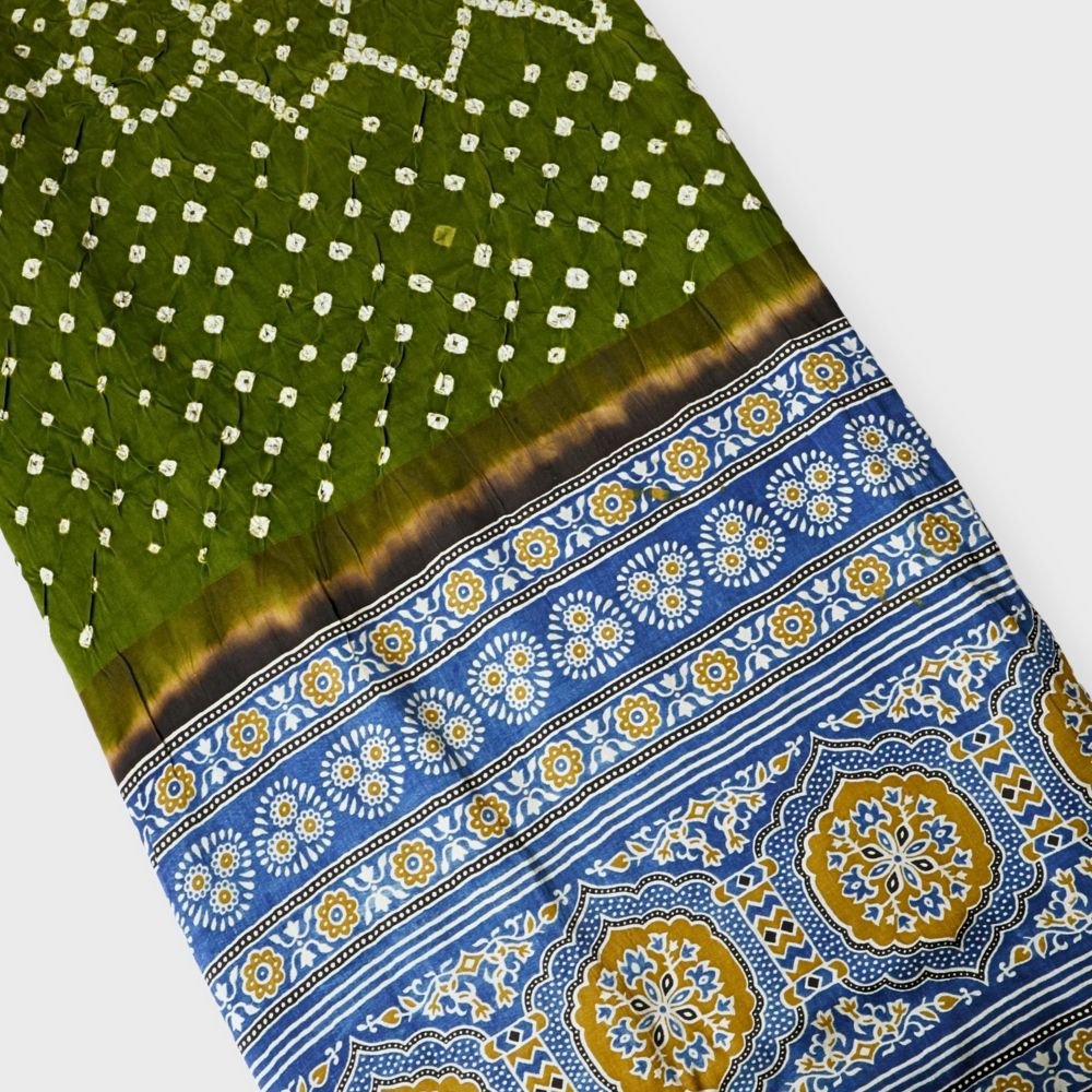 Mehandi Green Gaji Bandhni Dupatta With Blue Ajrakh Border Dupatta. Sku 115169
