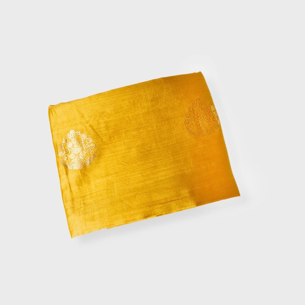 Mustard Yellow Silk Two Piece Kadua Buta Suit With Striped Tissue Dupatta. Sku 118451