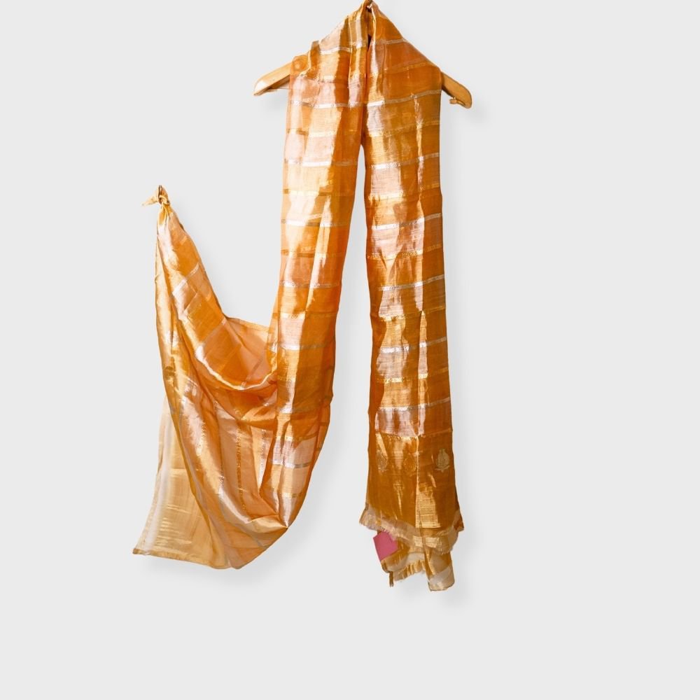 Mustard Yellow Silk Two Piece Kadua Buta Suit With Striped Tissue Dupatta. Sku 118451
