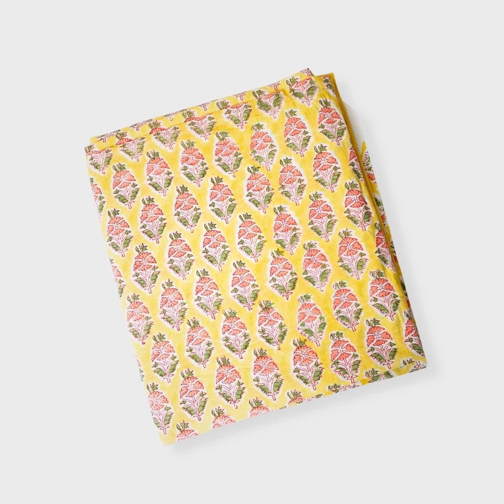 Yellow Cotton Block Printed Three Peice Unstiched Suit With Kota Doriya Dupatta. Sku 120924