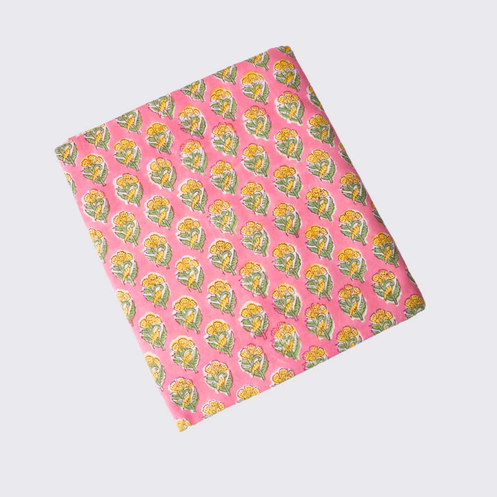 Pink Cotton Block Printed Three Piece Unstiched Suit With Kota Dupatta. Sku 120924
