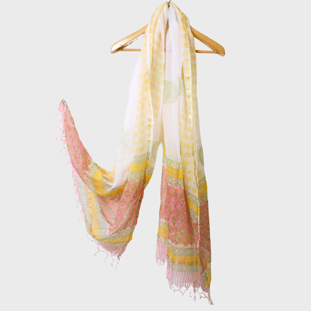 Pink Cotton Block Printed Three Piece Unstiched Suit With Kota Dupatta. Sku 120924