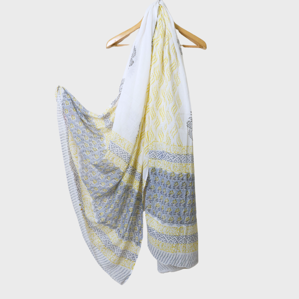 Grey Cotton Block Printed Three Piece Unstiched Suit With Printed Mul Dupatta.Sku 120923