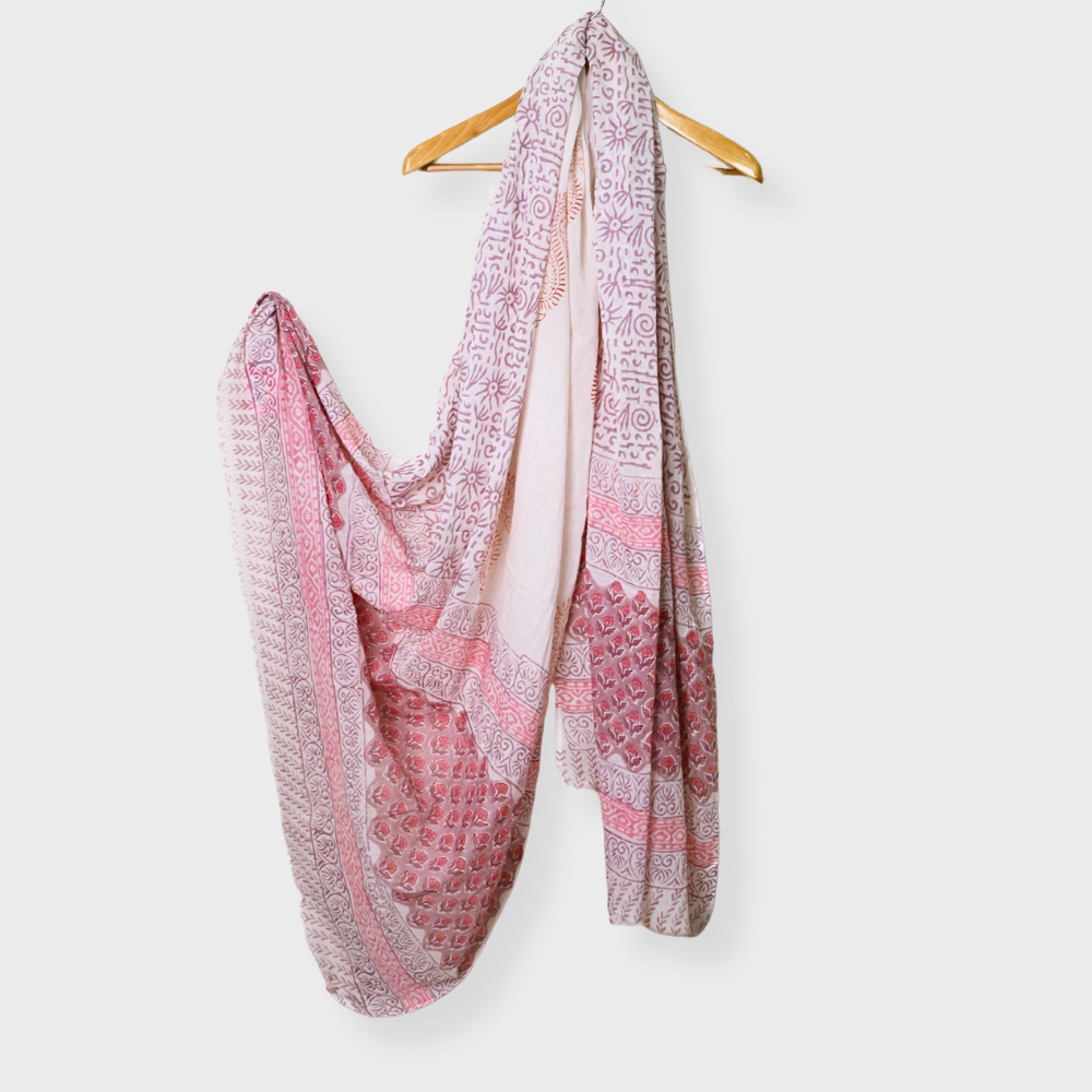 Plum Cotton Block Printed Three Piece Unstiched Suit With Mul Dupatta. Sku 120923