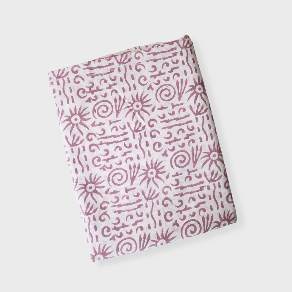 Plum Cotton Block Printed Three Piece Unstiched Suit With Mul Dupatta. Sku 120923