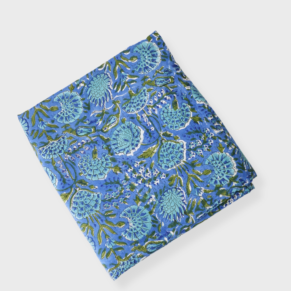 Blue Cotton Three Peice Hand Blocked Unstiched Suit With Mul Dupatta. Sku 120923