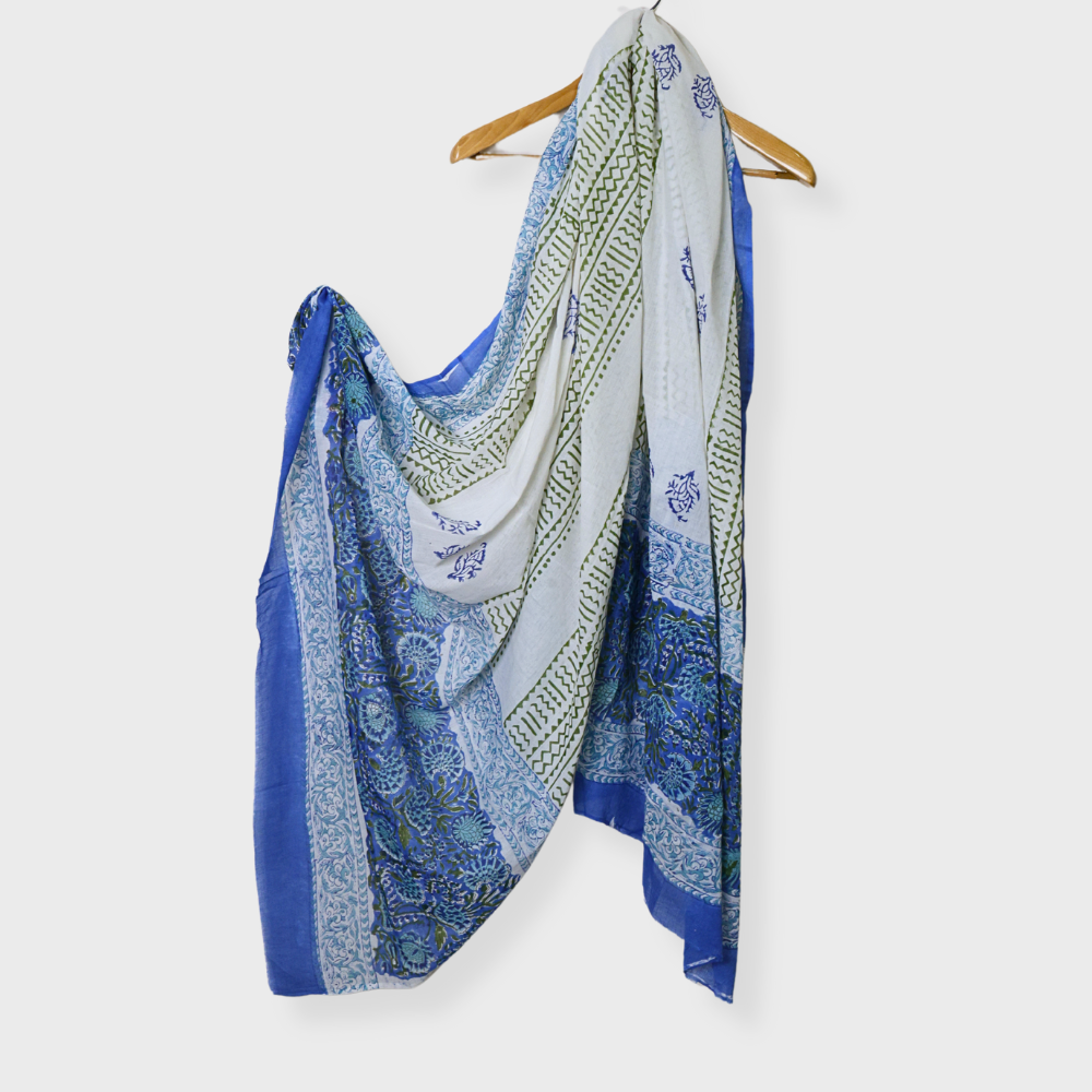 Blue Cotton Three Peice Hand Blocked Unstiched Suit With Mul Dupatta. Sku 120923