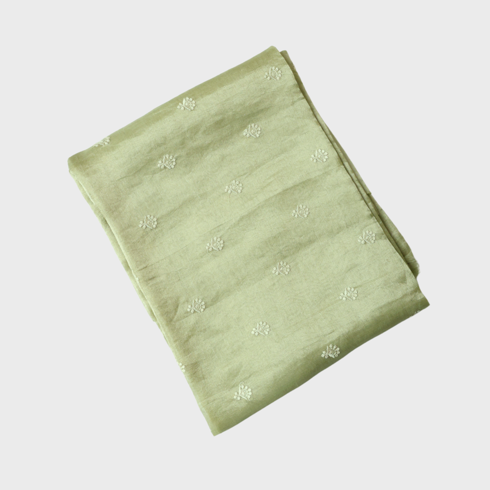 Green Tissue Three Piece Unstitched Suit With Thread Work Around The Border. Sku- 117805