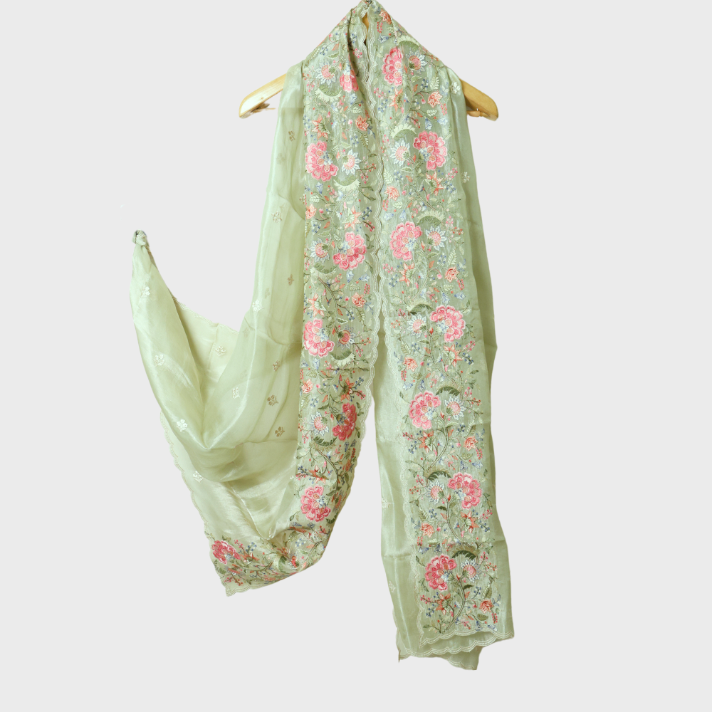 Green Tissue Three Piece Unstitched Suit With Thread Work Around The Border. Sku- 117805