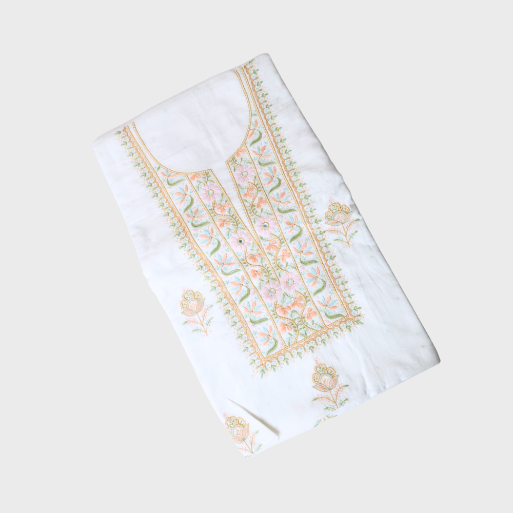 White Cotton Two Piece Suit With Thread Work Embroidery. Sku- 119566
