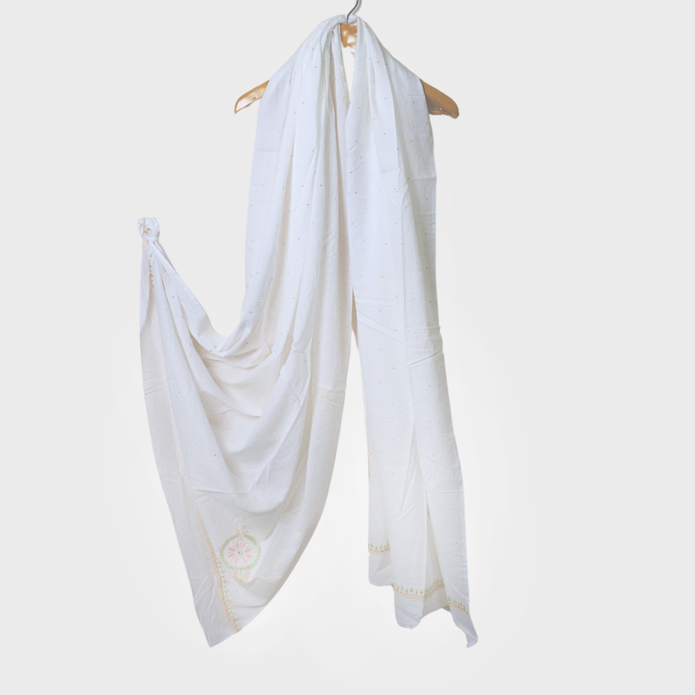 White Cotton Two Piece Suit With Thread Work Embroidery. Sku- 119566