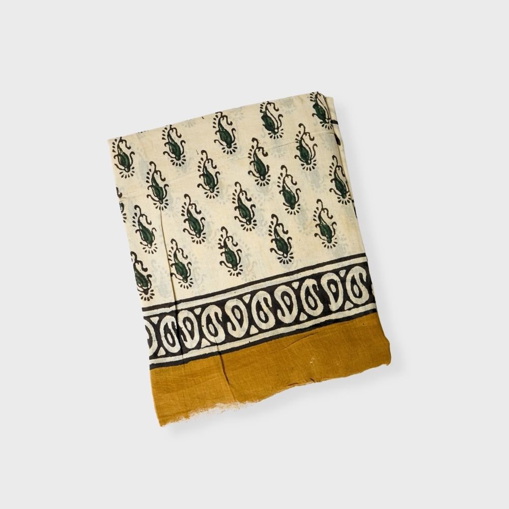 Beige Cotton Three Piece Suit With Block Print. Sku-116349