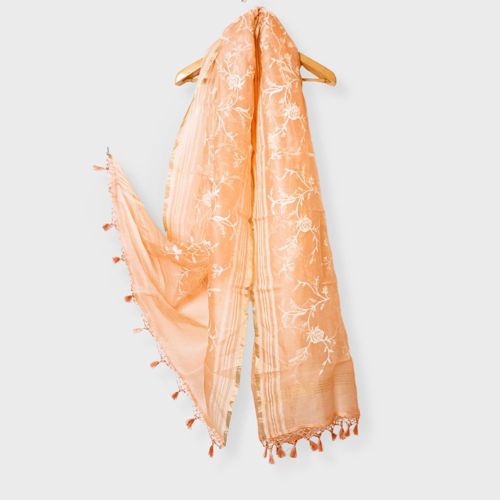 Orange Organza Three Peice Unstiched Suit With All Over Embroidered Organza Dupatta. Sku-115558