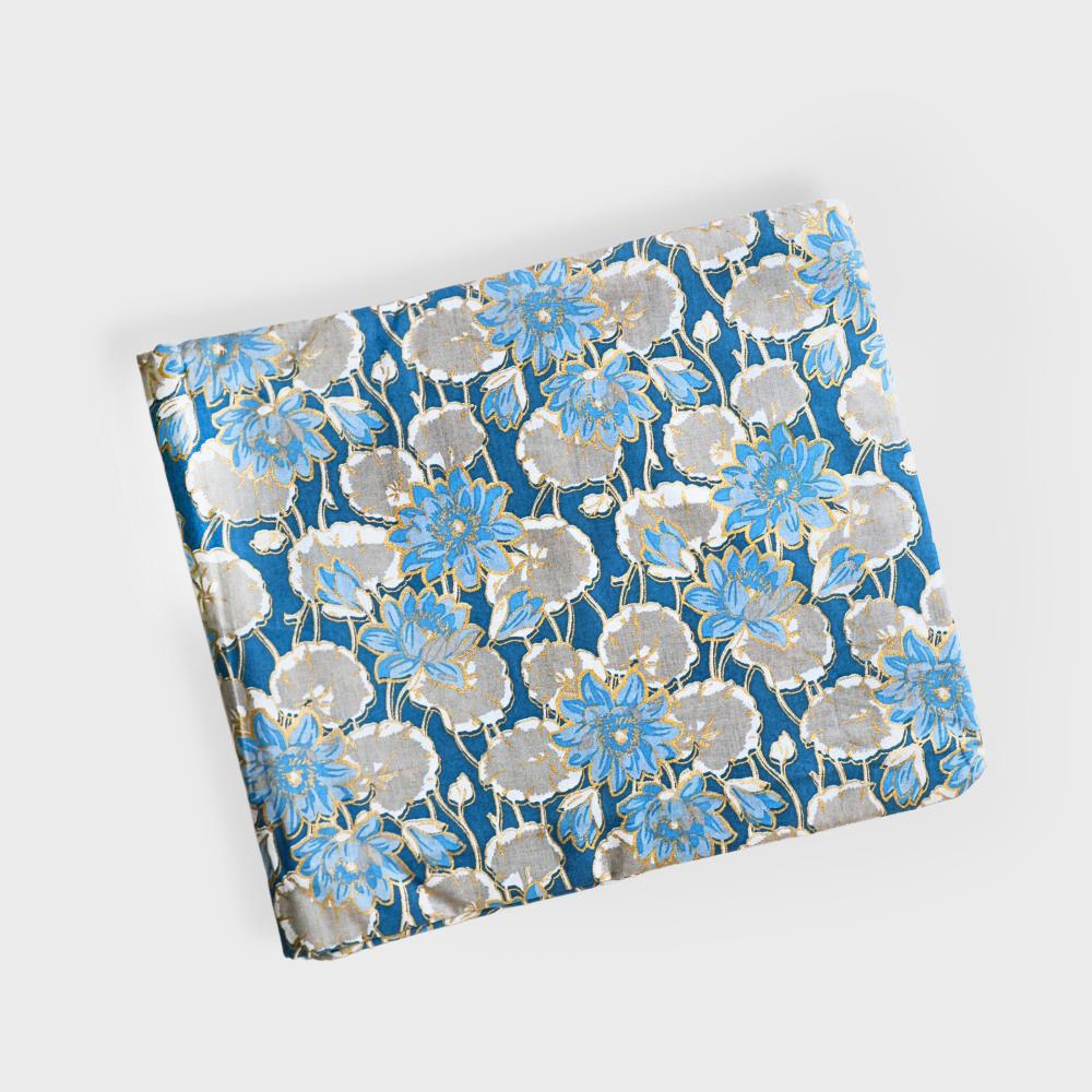 Blue Cotton Three Piece Unstiched Suit With Hand Block And Foil Print. Sku 118991