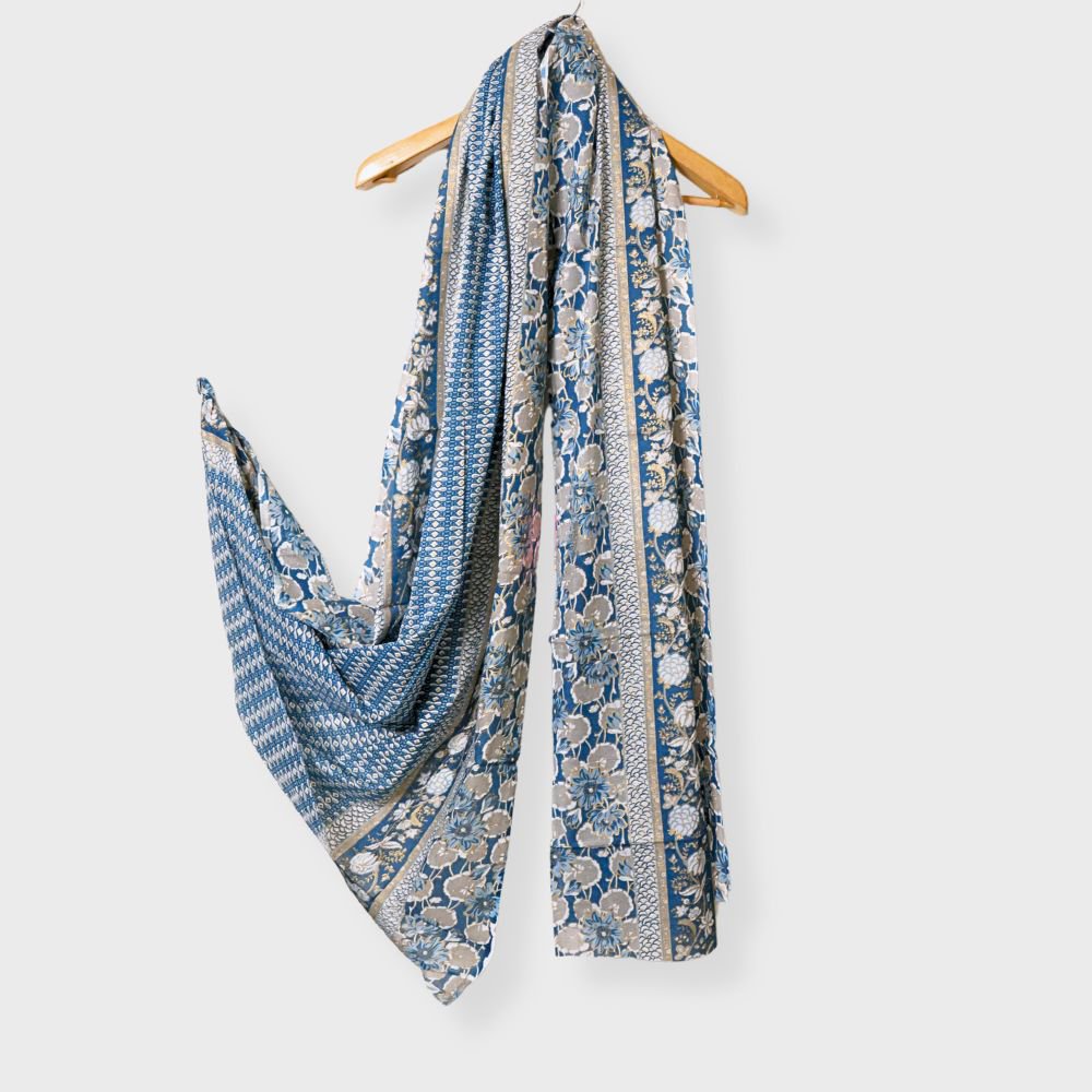 Blue Cotton Three Piece Unstiched Suit With Hand Block And Foil Print. Sku 118991